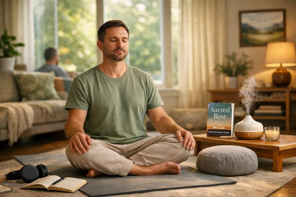 A man sits on a yoga mat inside a bright room, with a notebook, pen, headphones, an oil diffuser, and a book beside him — a scene that symbolizes the seven active relaxation techniques for recharging energy.