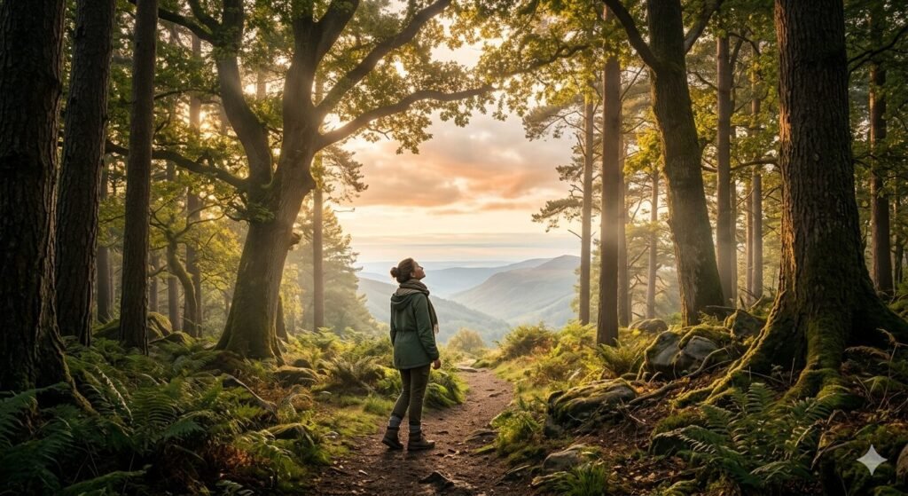 A person taking a mindful awe walk in nature, looking up at trees and sky to calm anxiety and restore perspective.