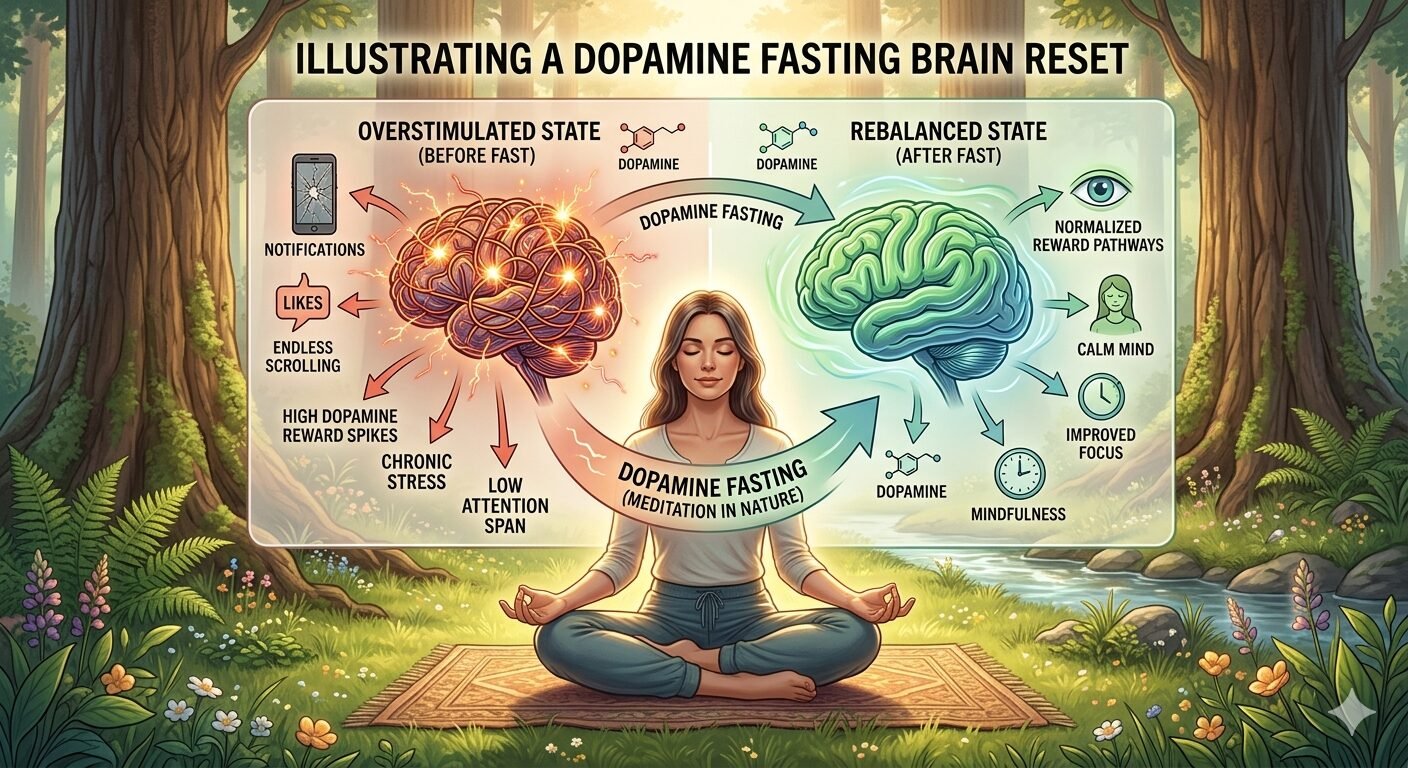 A person sitting peacefully in nature, meditating without technology, illustrating a dopamine fasting brain reset.